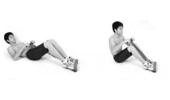 In exhalation, they simultaneously lift the upper body and fold their legs on their knees